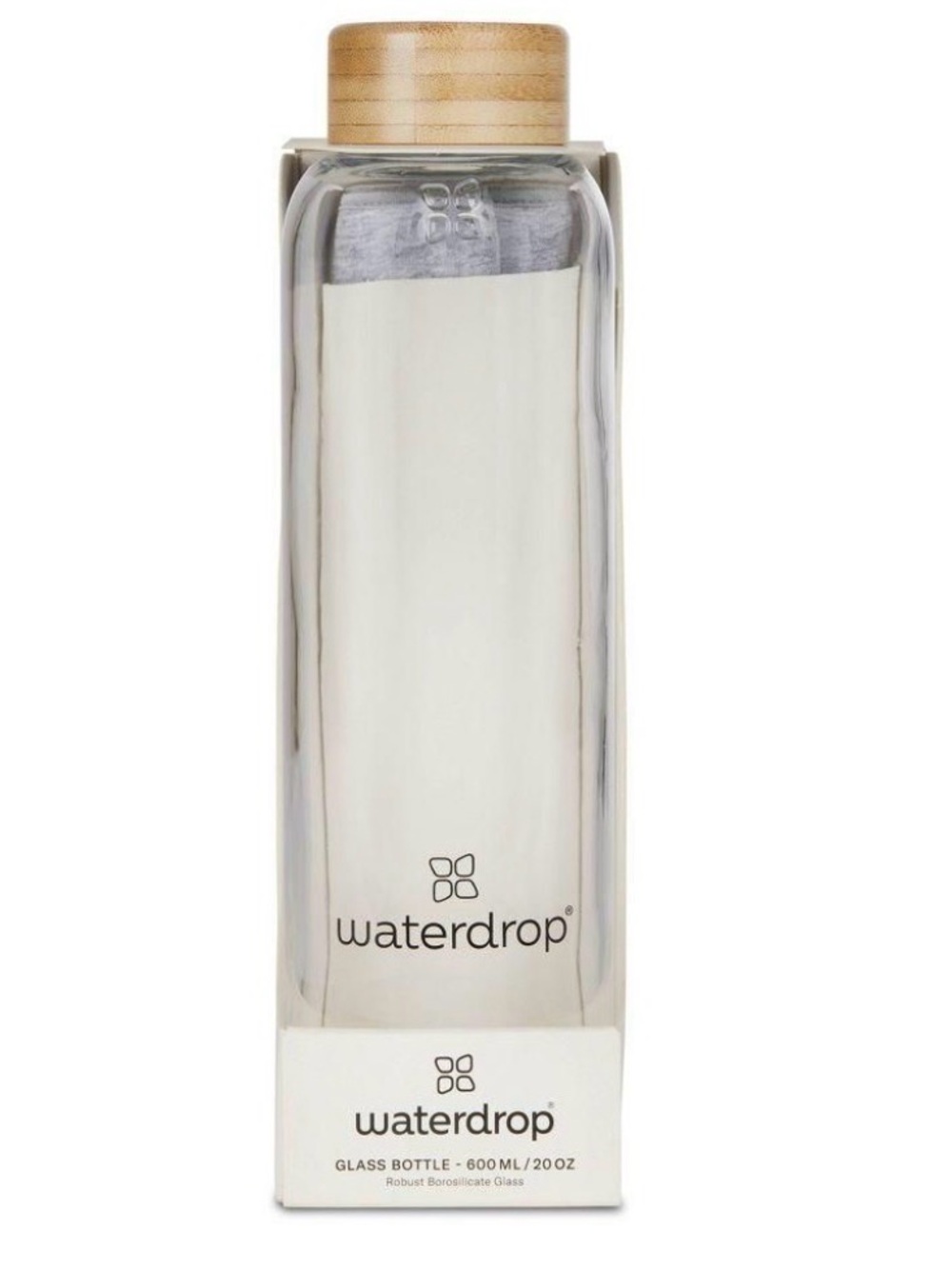 Waterdrop Clear Glass Bottle with Bamboo Lid - 600ml